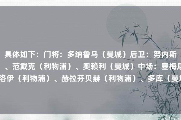 具体如下：门将：多纳鲁马（曼城）后卫：努内斯（曼城）、格伊（曼城）、范戴克（利物浦）、奥赖利（曼城）中场：塞梅尼奥（曼城）、索博斯洛伊（利物浦）、赫拉芬贝赫（利物浦）、多库（曼城）时尚：埃基蒂克（利物浦）、哈兰德（曼城）    体育赛事直播